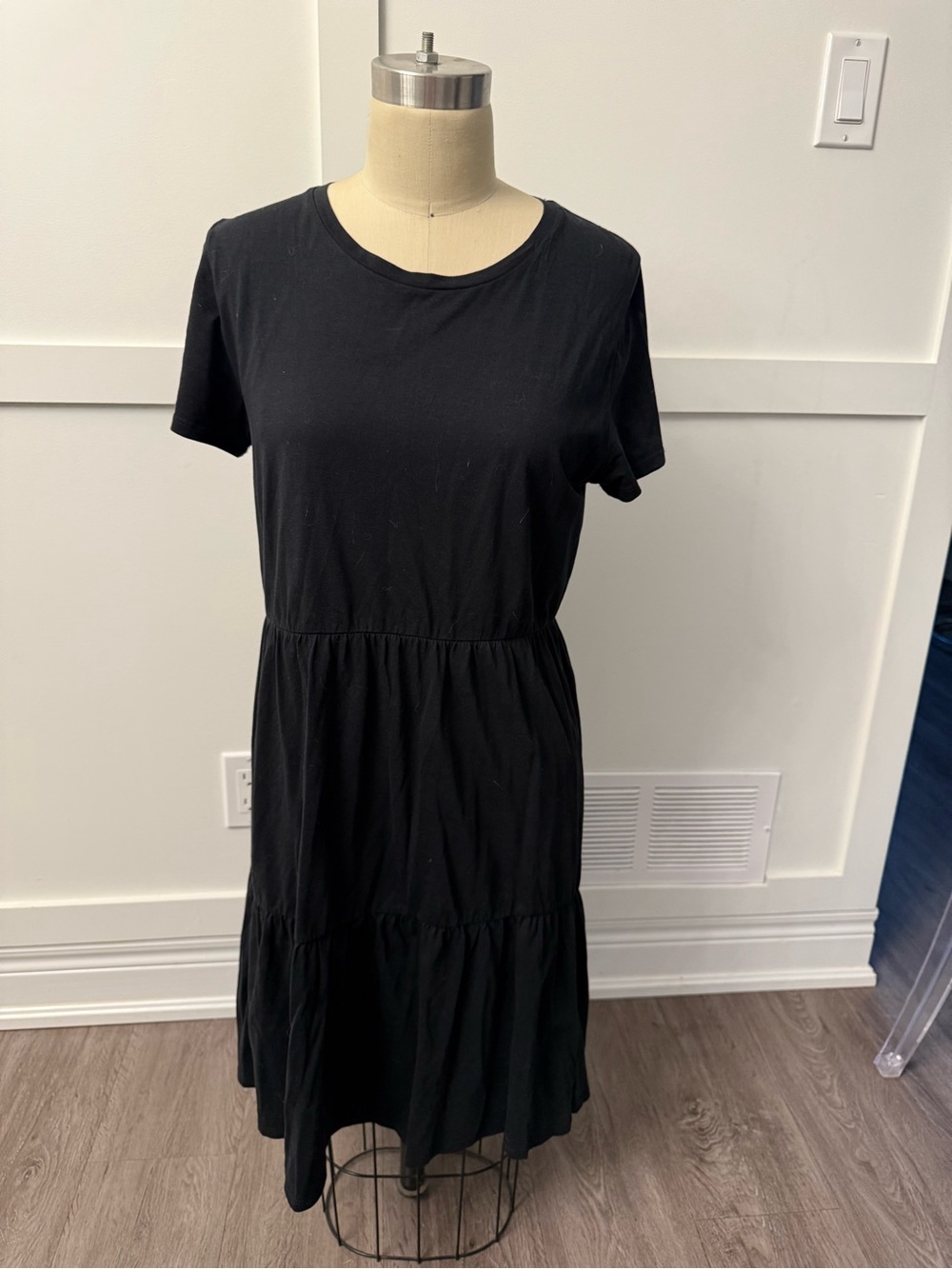 J. Crew Black Short-Sleeve Tiered Midi Dress